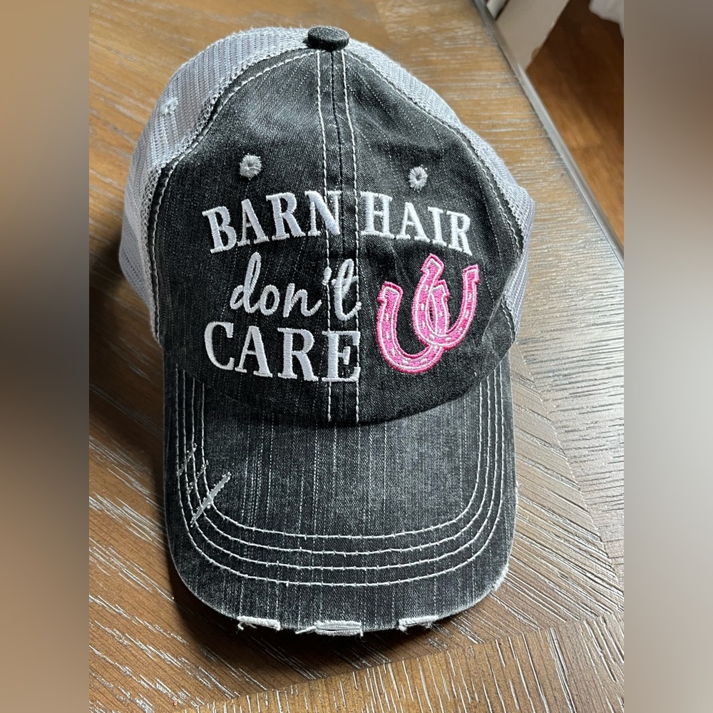 Barn Hair Don't Care Distressed Hat Pink Horseshoes Trucker hat